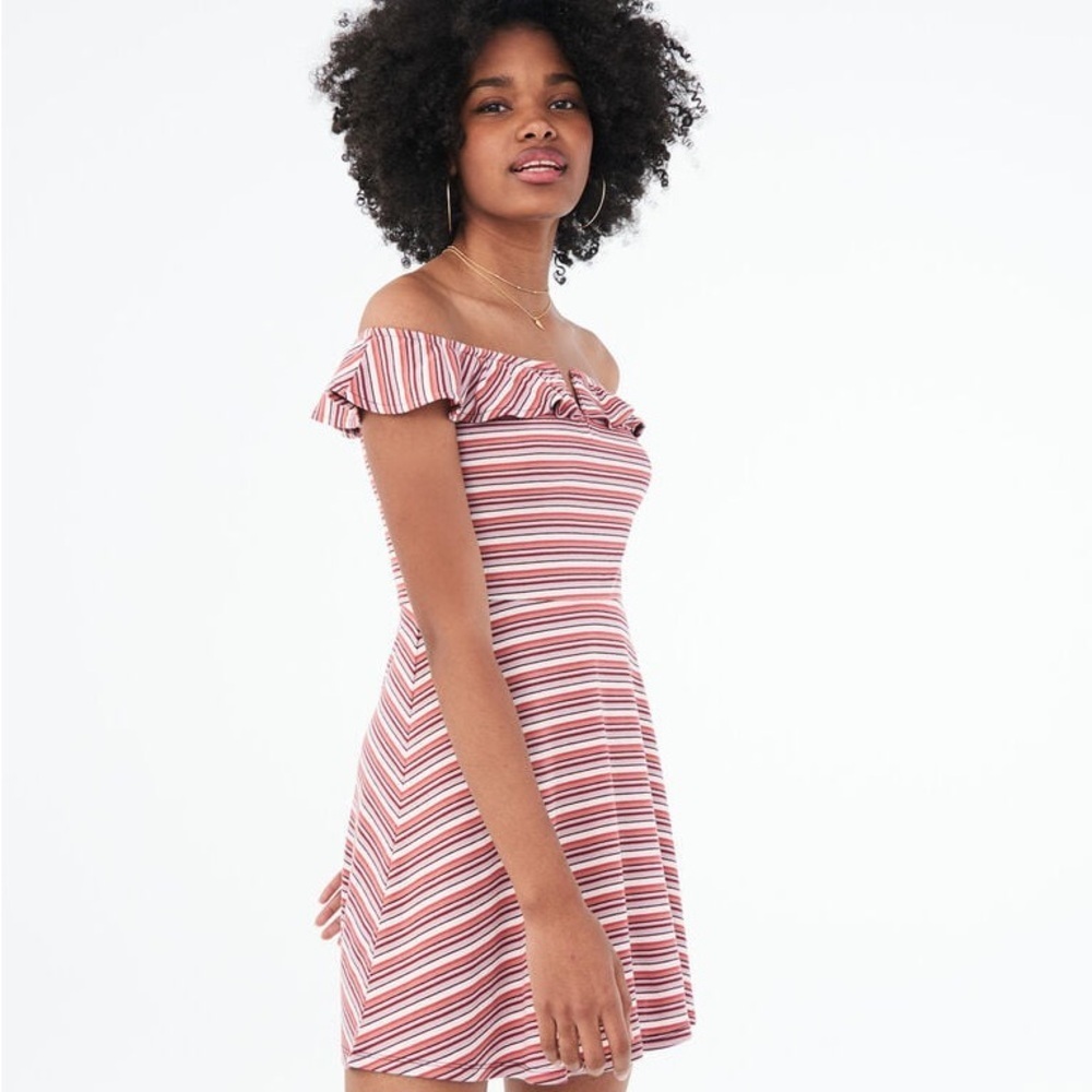 AEROPOSTALE Striped V-Wire Off-The-Shoulder Fit & Flare Mini Dress Size Small - Picture 7 of 12